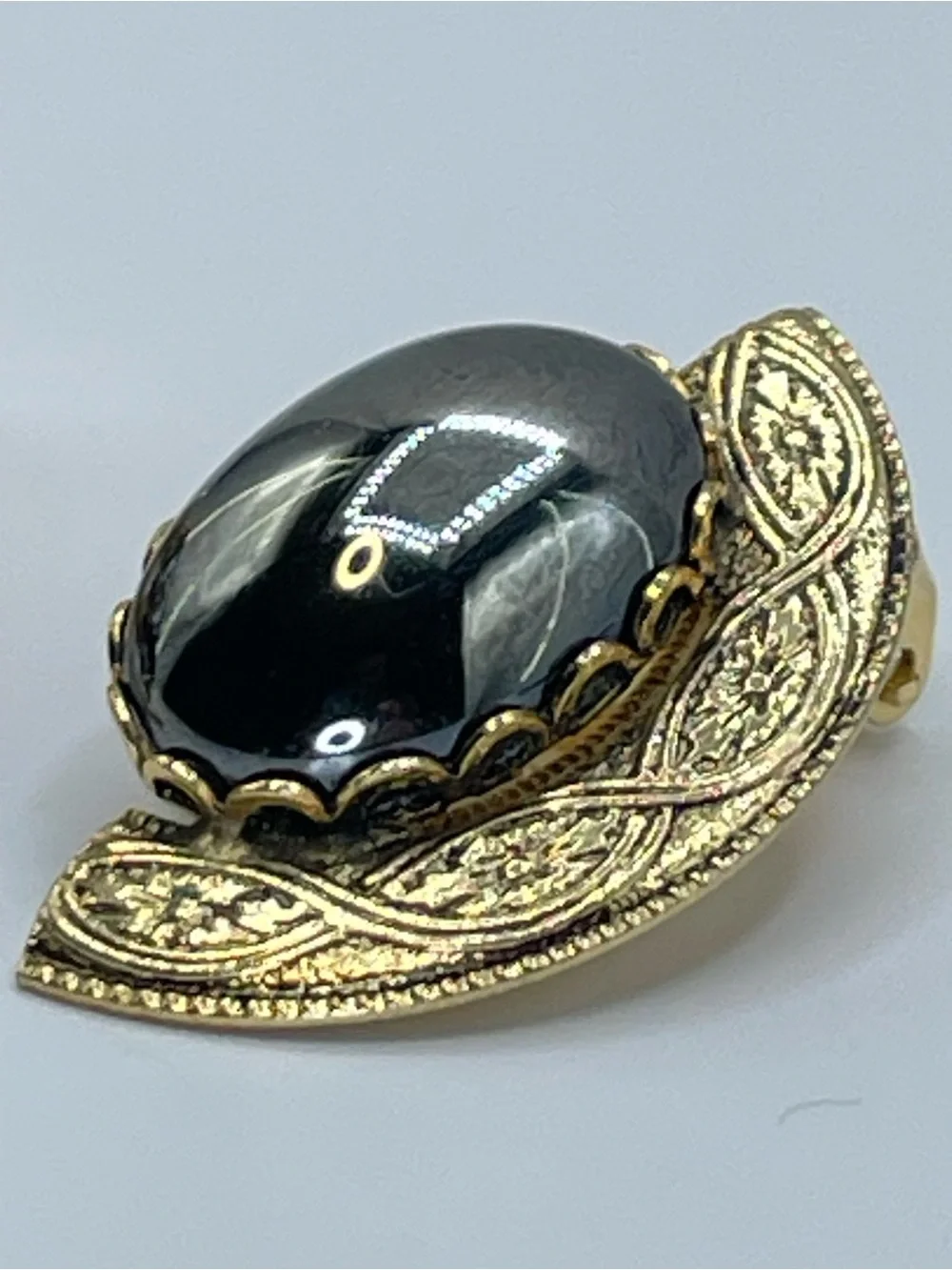 Gold Tone Hematite Cabochon Clip On Earrings Ornate Vintage Style Statement